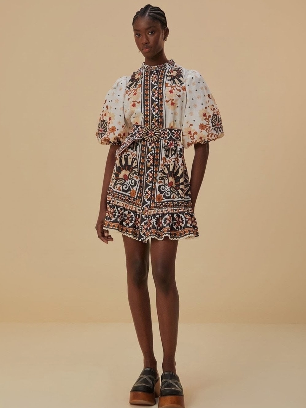 FARM Rio Flower Fan Tapestry Off-White Mini Dress - Size XS